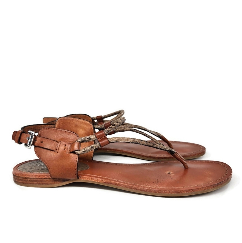 Coach Coco Tan Leather & Python Snake Print T-Strap Slingback Flat Thong Sandals - Picture 6 of 13